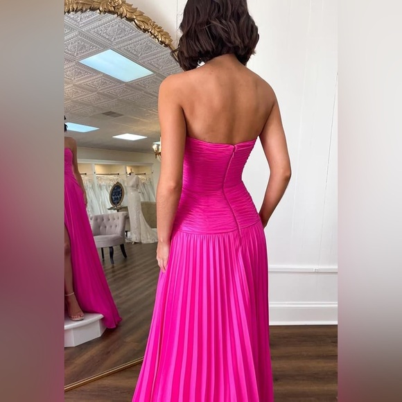 Zapaka Sz 6 Fuchsia Pink A Line Sweetheart Pleated Keyhole Long Prom Dress Slit - Picture 2 of 14